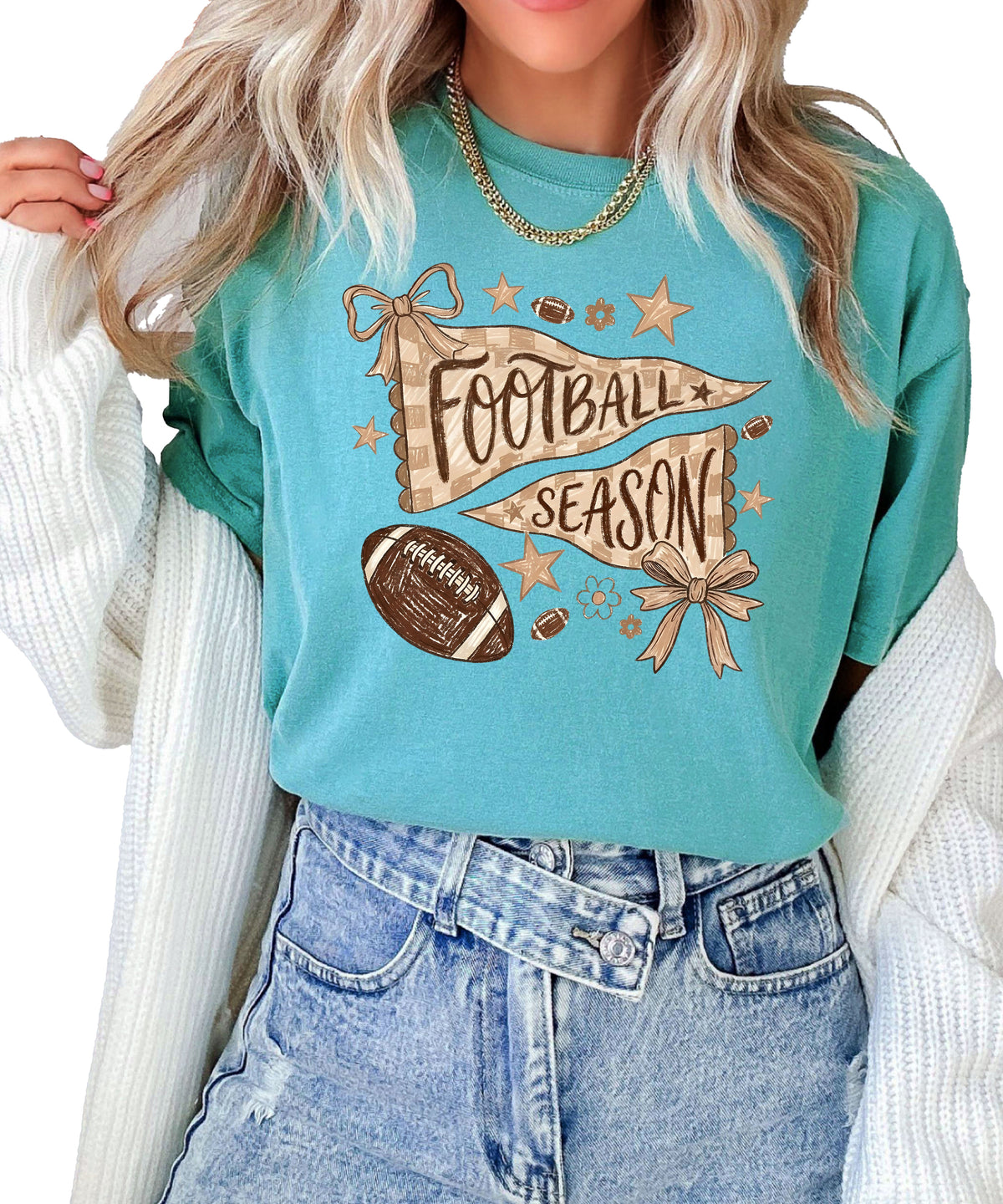 Football is My Favorite Season game day coquette bow Comfort Colors tee, Seafoam Shirt, view 7