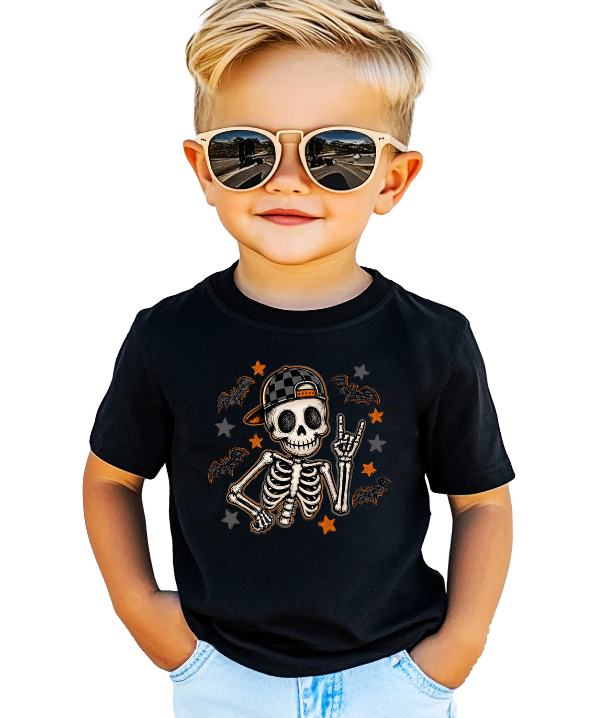 Black skeleton Halloween shirt for boys with rock on hand sign and checkered hat, front view