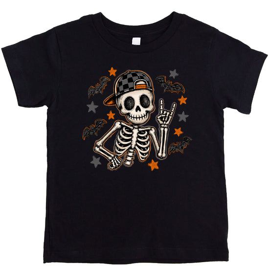 Black skeleton Halloween tee for toddler boys, graphic detail