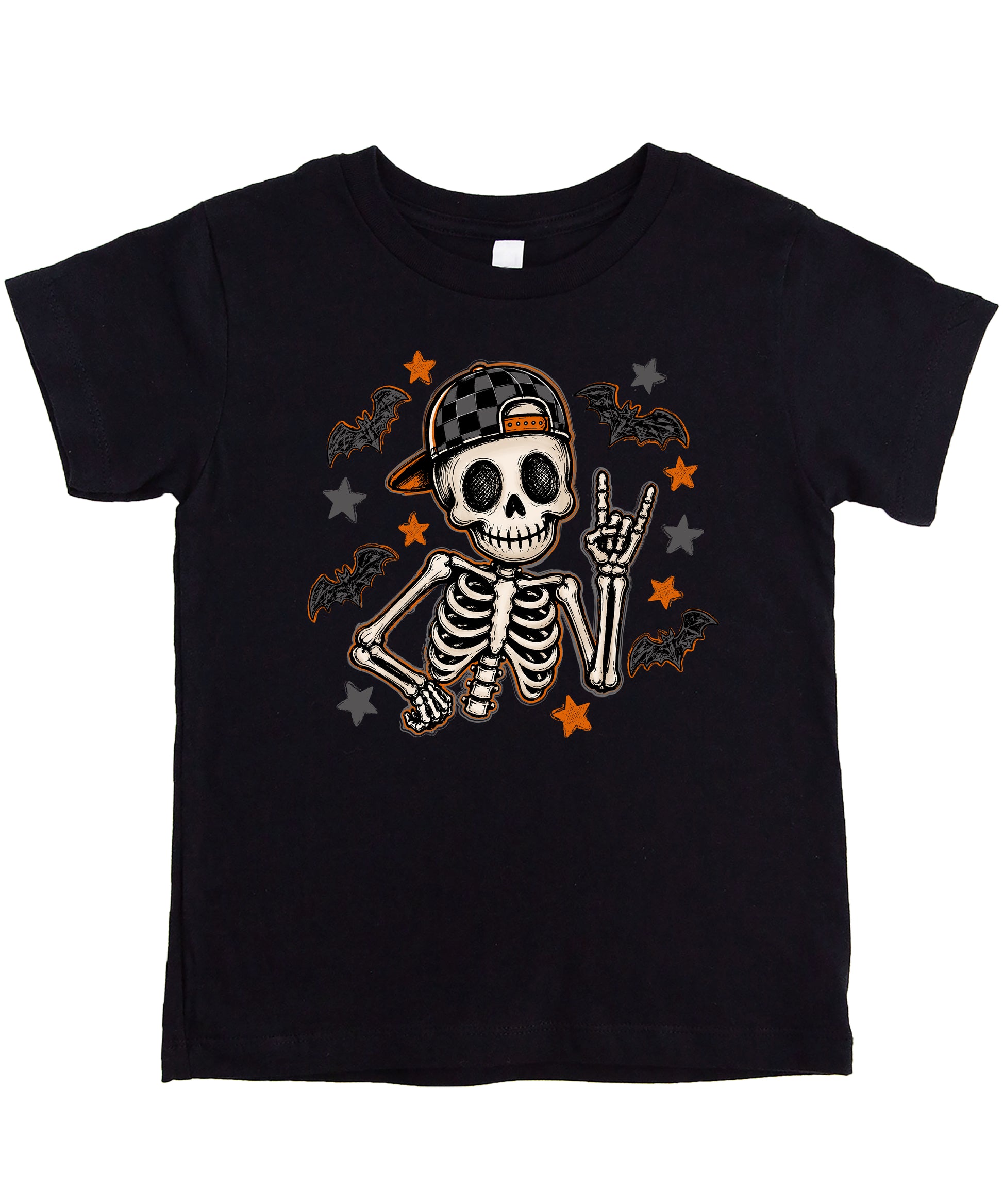 Black skeleton Halloween tee for toddler boys, graphic detail