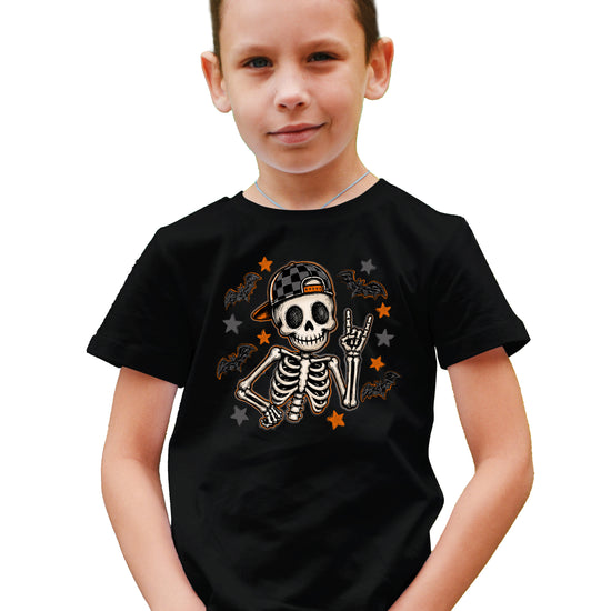 Black skeleton checkered hat Halloween shirt for kids, styled shot