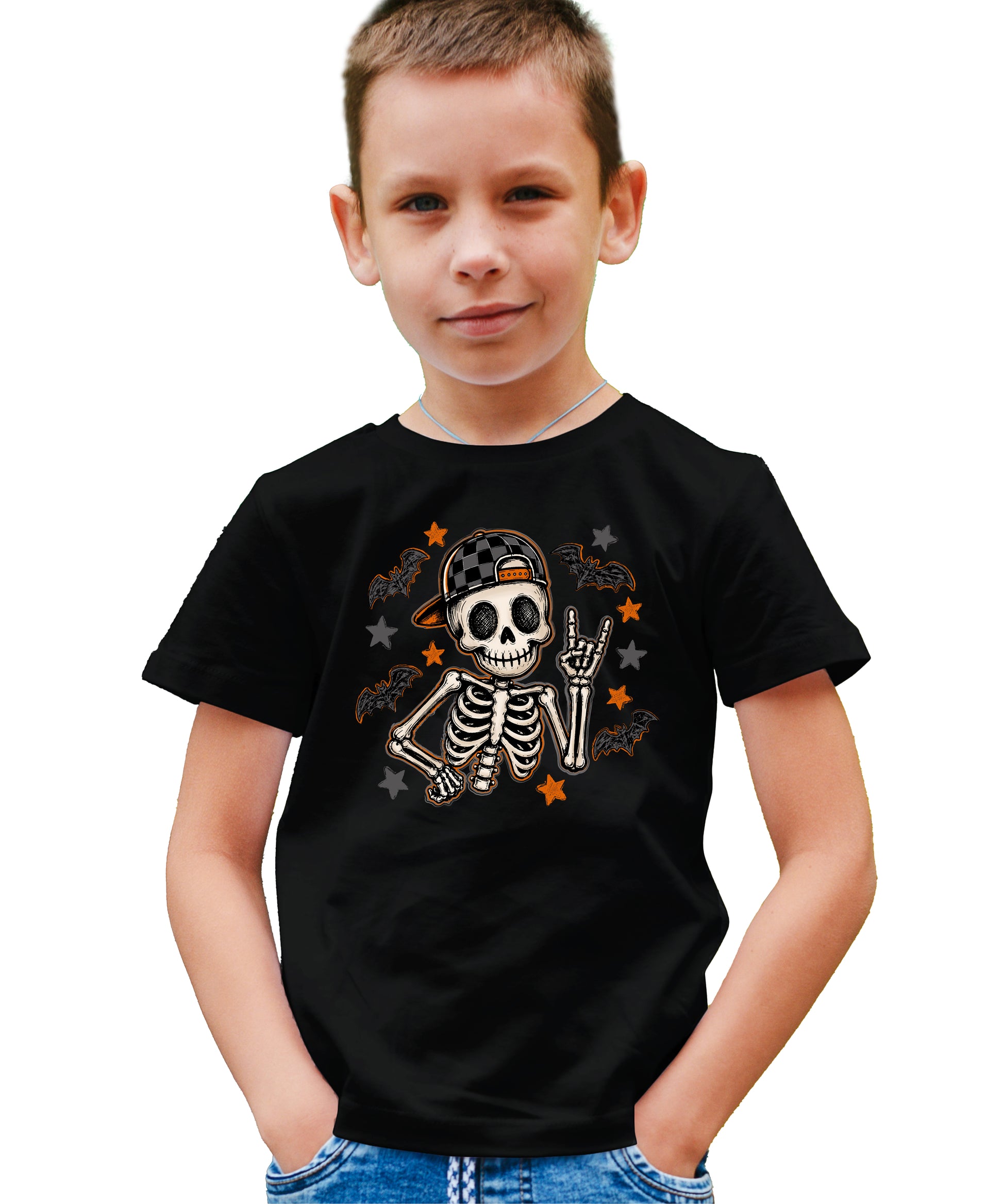 Black skeleton checkered hat Halloween shirt for kids, styled shot