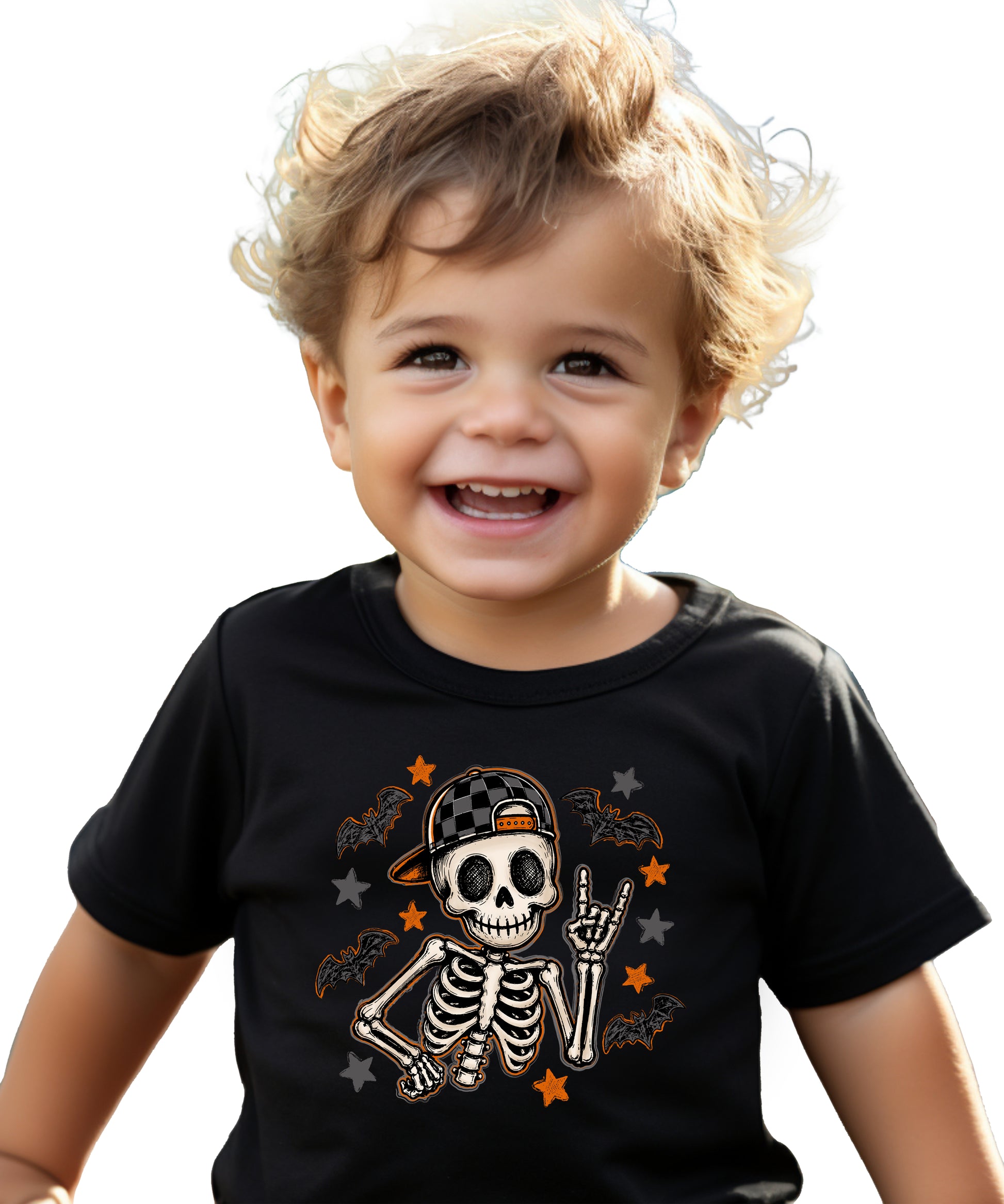 Black skeleton Halloween boys tee with bats and stars, lifestyle shot