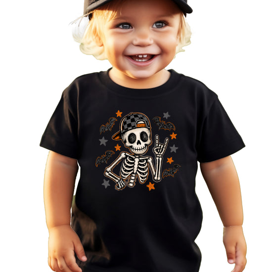 Black skeleton rock on Halloween shirt for boys, additional view