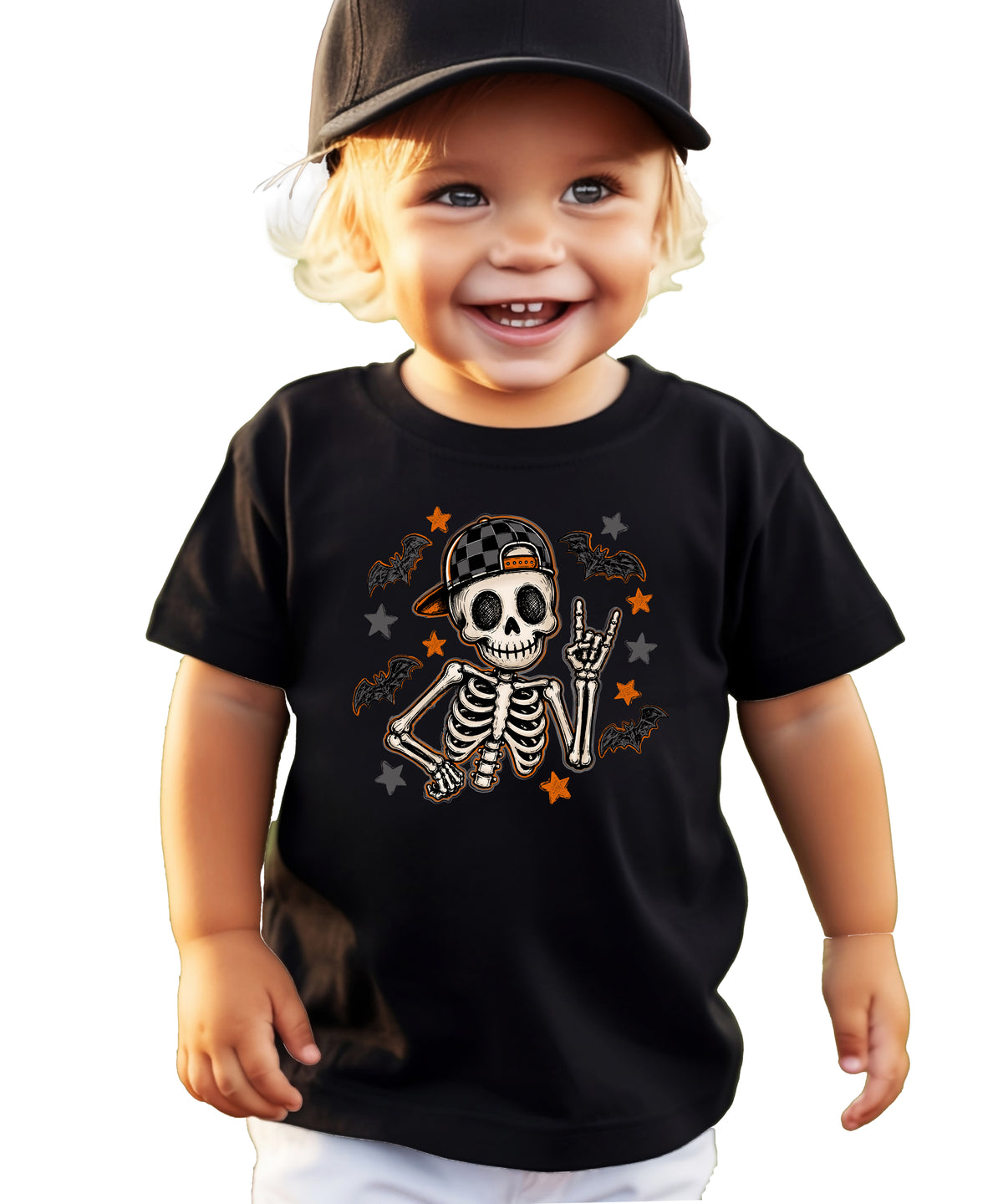 Black skeleton rock on Halloween shirt for boys, additional view