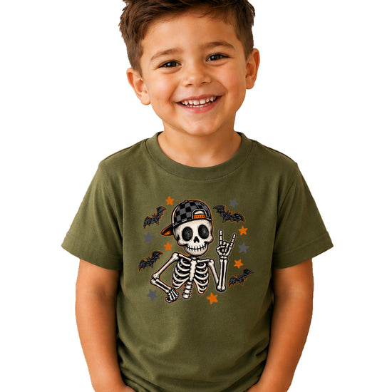 Military green skeleton Halloween shirt for boys with rock on hand sign and checkered hat, front view