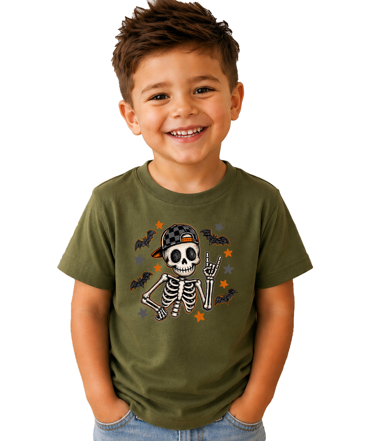 Military green skeleton Halloween shirt for boys with rock on hand sign and checkered hat, front view