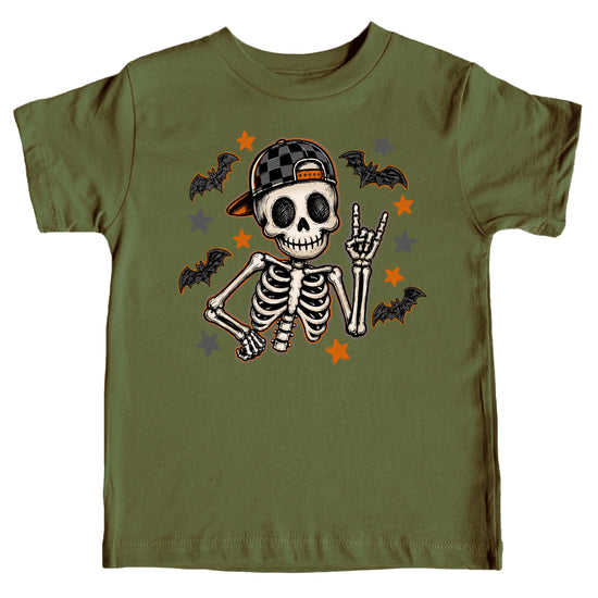 Military green skeleton Halloween tee for toddler boys, graphic detail