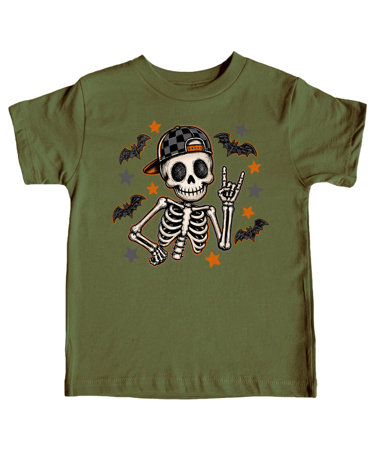 Military green skeleton Halloween tee for toddler boys, graphic detail