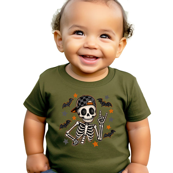 Military green skeleton checkered hat Halloween shirt for kids, styled shot