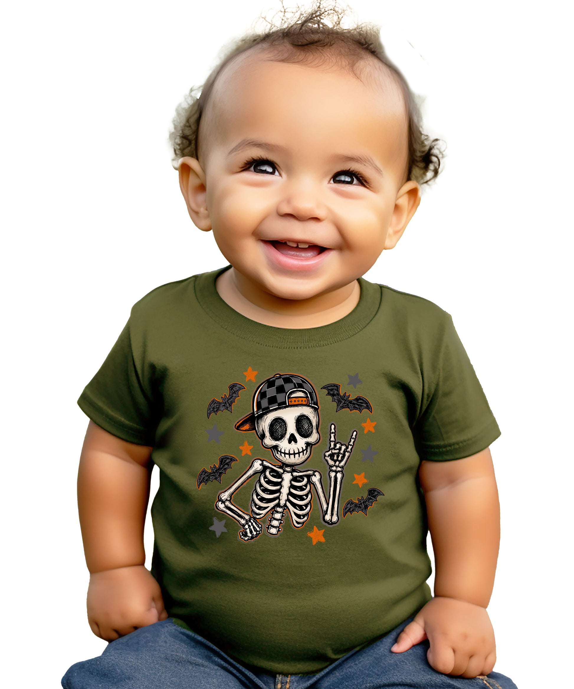 Military green skeleton checkered hat Halloween shirt for kids, styled shot