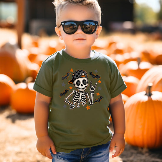 Military green skeleton rock on Halloween shirt for boys, additional view