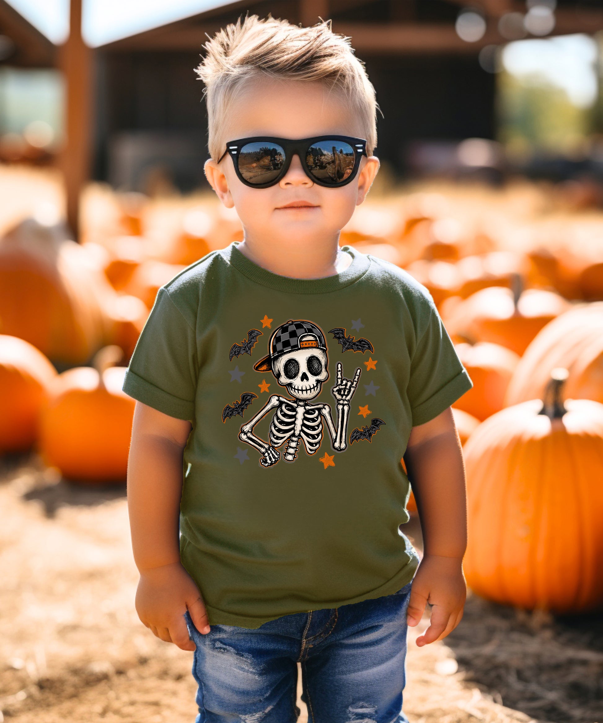 Military green skeleton rock on Halloween shirt for boys, additional view