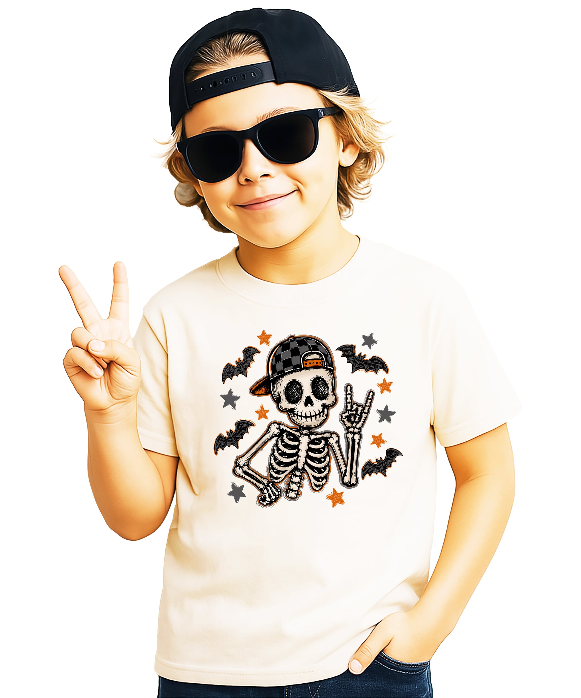 Natural skeleton Halloween shirt for boys with rock on hand sign and checkered hat, front view