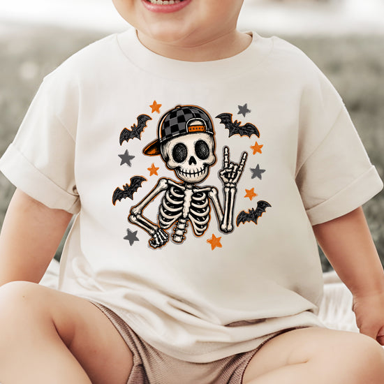 Natural skeleton checkered hat Halloween shirt for kids, styled shot