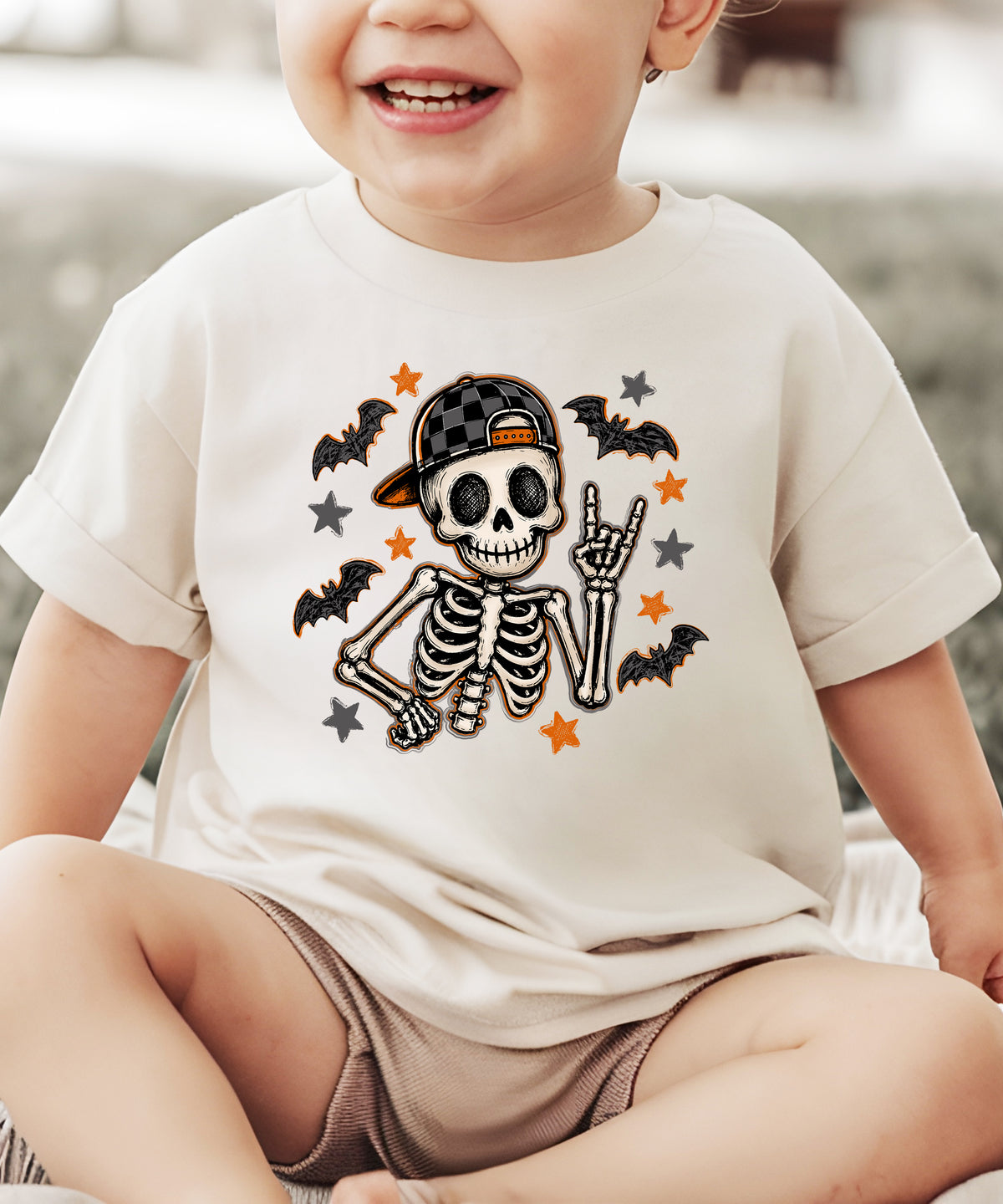 Natural skeleton checkered hat Halloween shirt for kids, styled shot