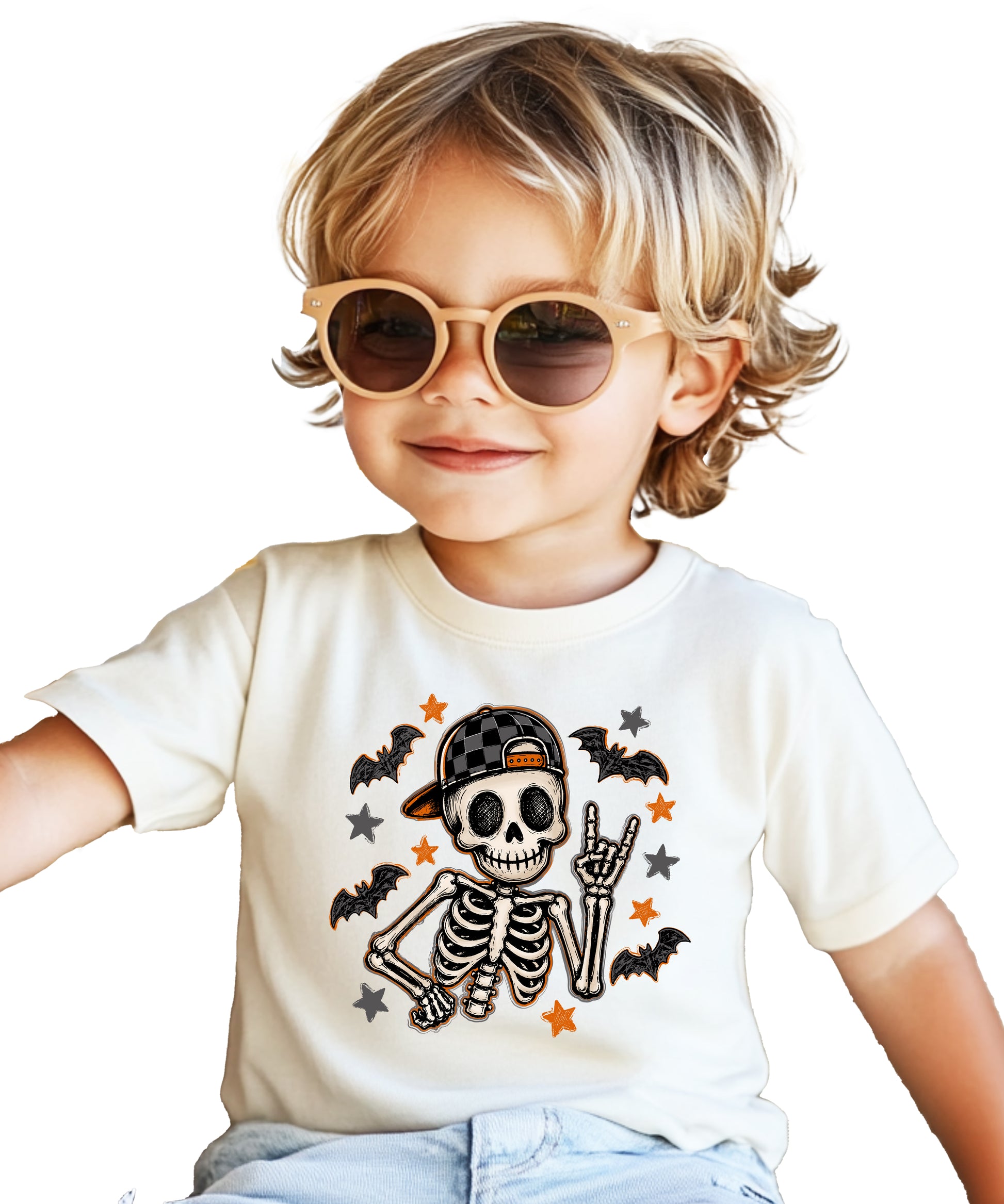 Natural skeleton Halloween boys tee with bats and stars, lifestyle shot