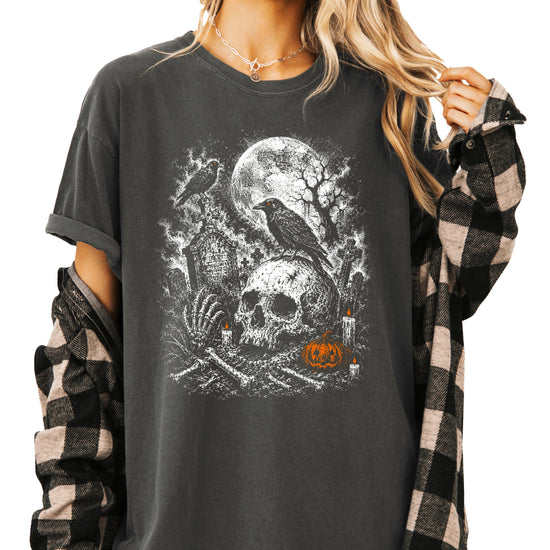 Halloween skull cemetery shirt in Pepper, spooky crow and graveyard graphic tee for women, front view
