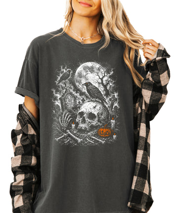 Halloween skull cemetery shirt in Pepper, spooky crow and graveyard graphic tee for women, front view