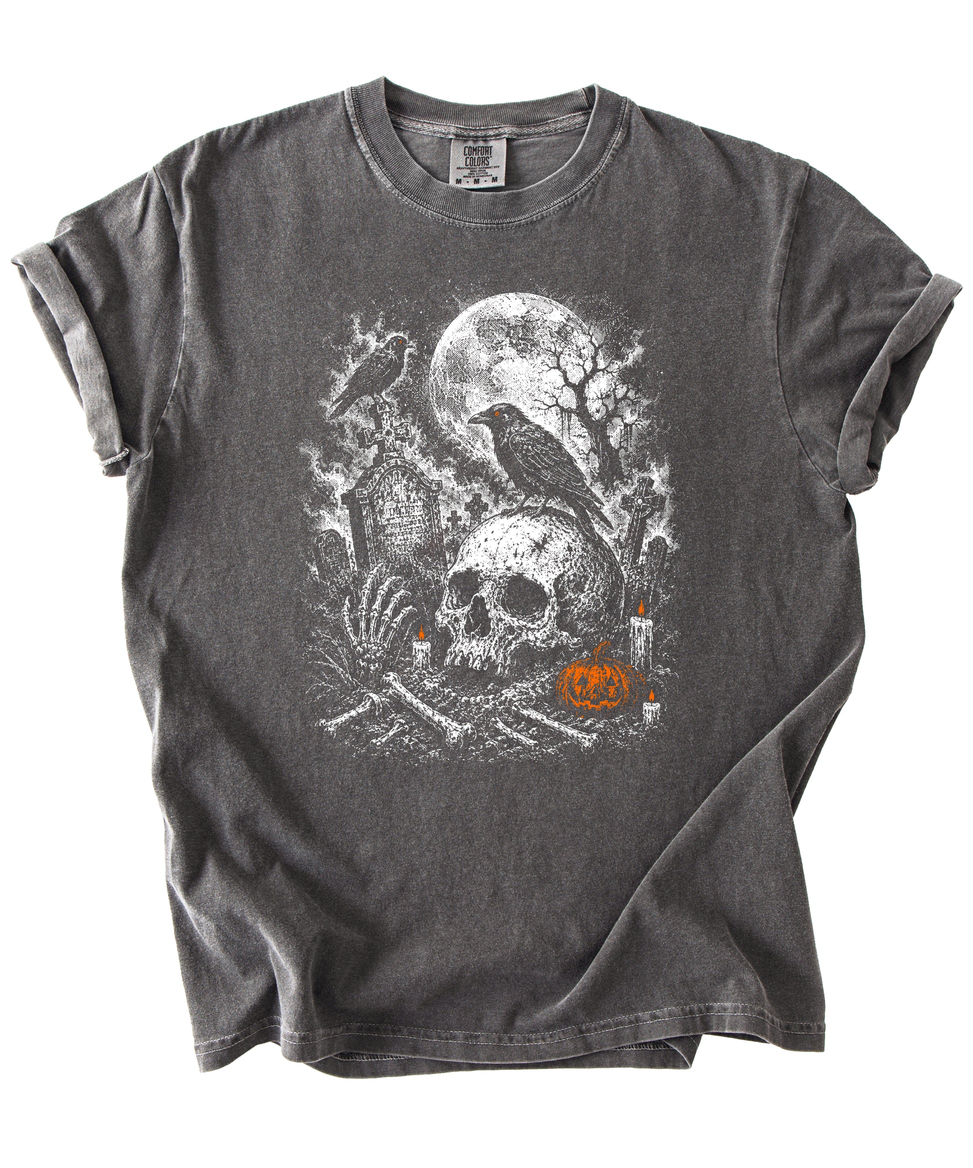 Halloween skull cemetery graphic tee in Pepper, close up of moonlit graveyard and jack-o-lantern artwork