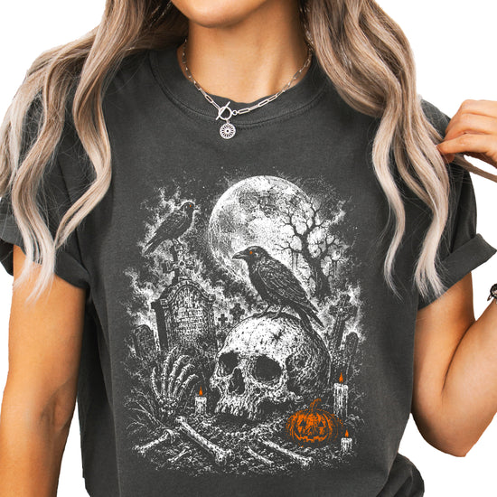 Pepper Comfort Colors Halloween cemetery shirt shown on model, relaxed unisex fit