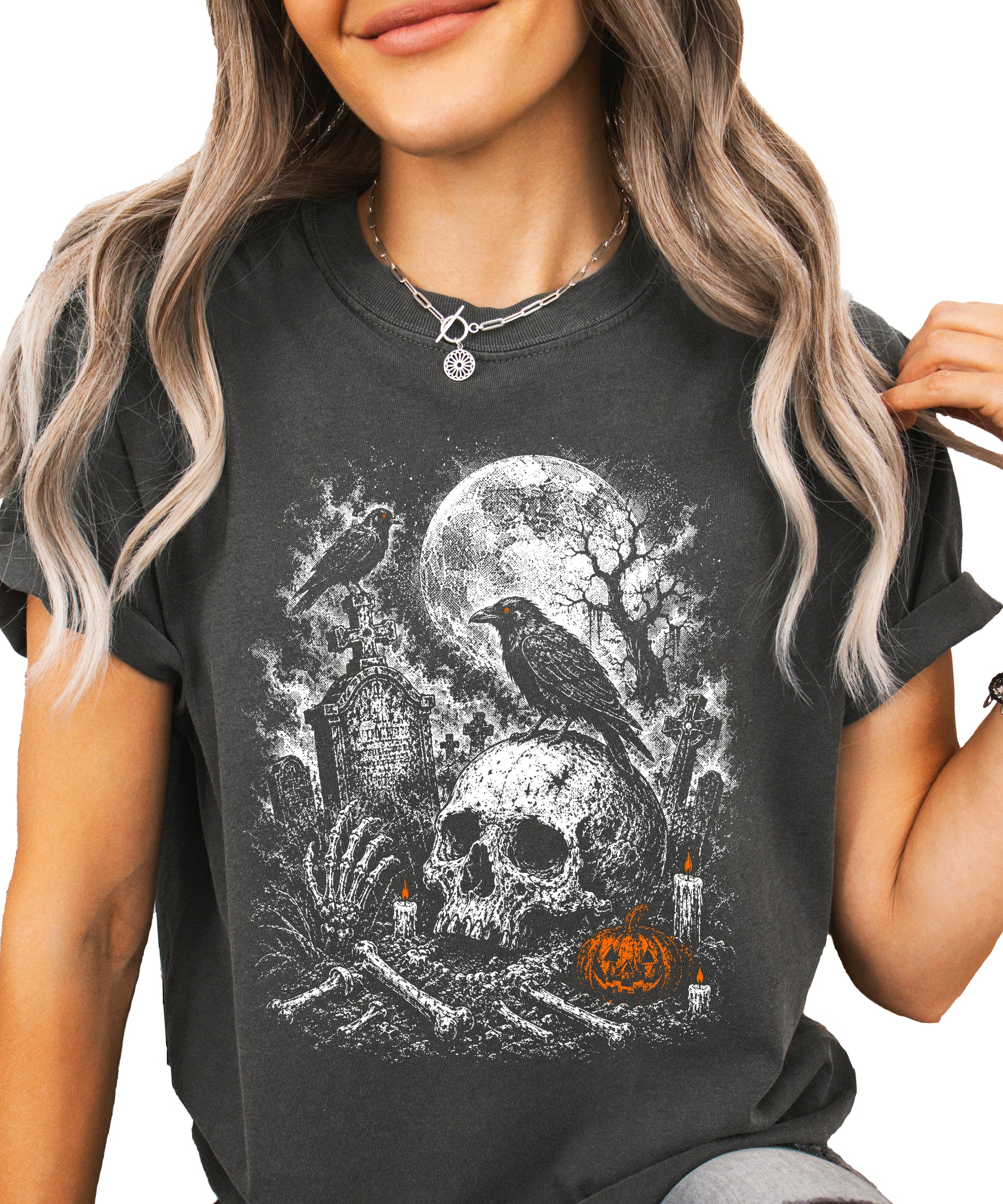 Pepper Comfort Colors Halloween cemetery shirt shown on model, relaxed unisex fit