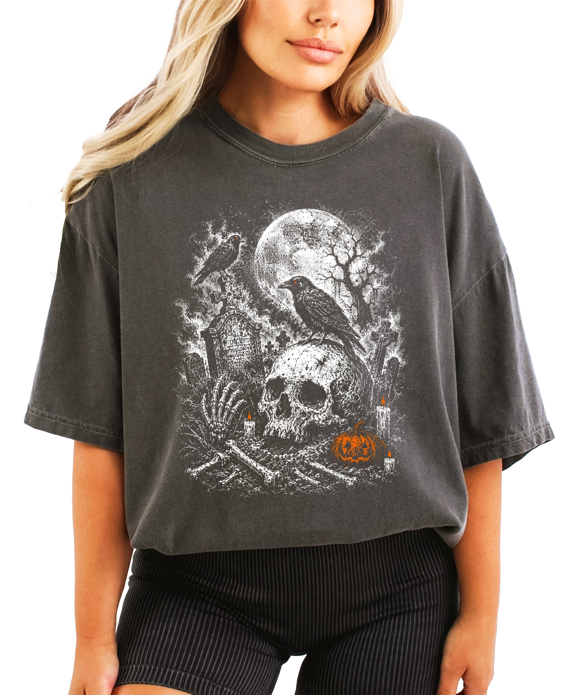 Spooky crow and headstones Halloween tee in Pepper, styled flat lay for fall