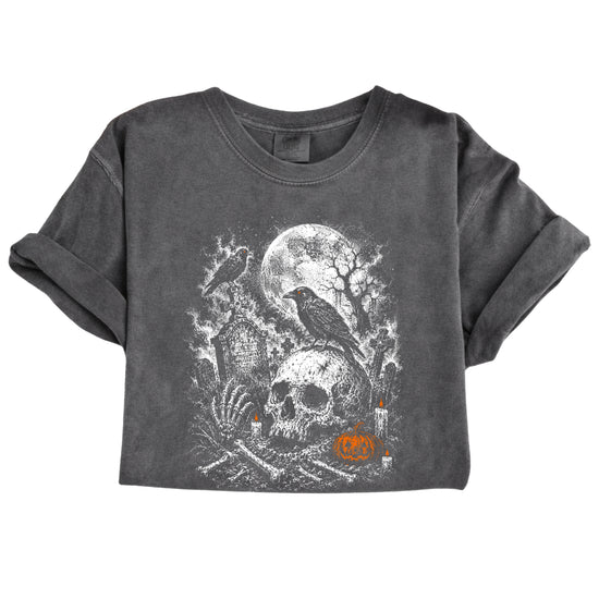 Halloween graveyard graphic tee in Pepper, detail of garment-dyed heavyweight cotton