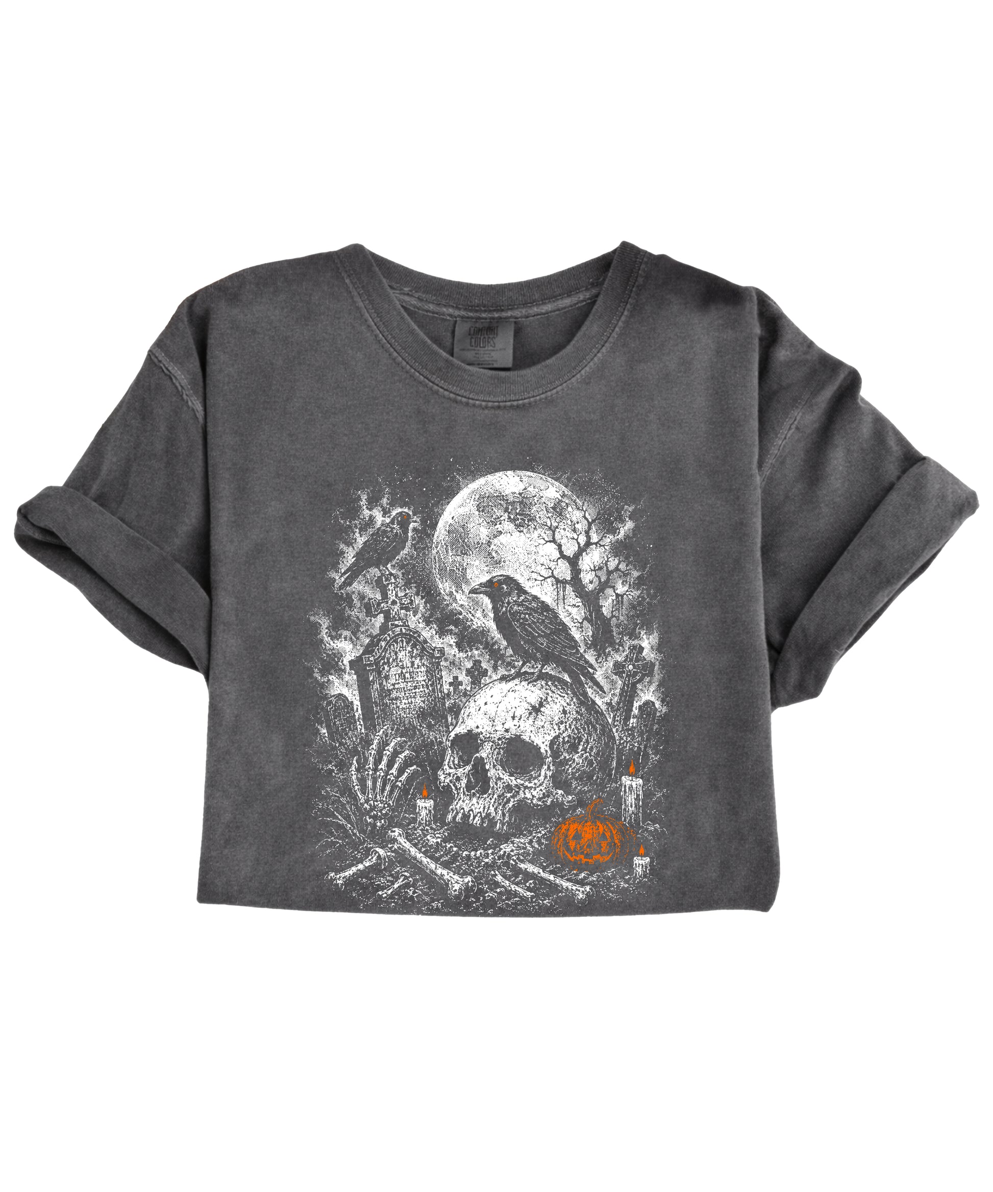 Halloween graveyard graphic tee in Pepper, detail of garment-dyed heavyweight cotton