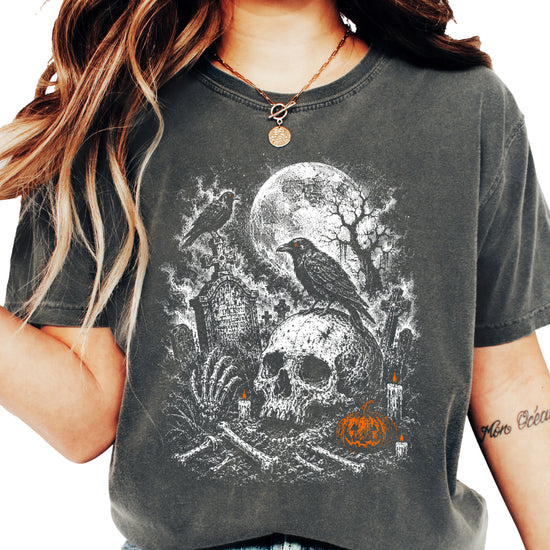 Skull cemetery Halloween shirt in Pepper, lifestyle shot for spooky season