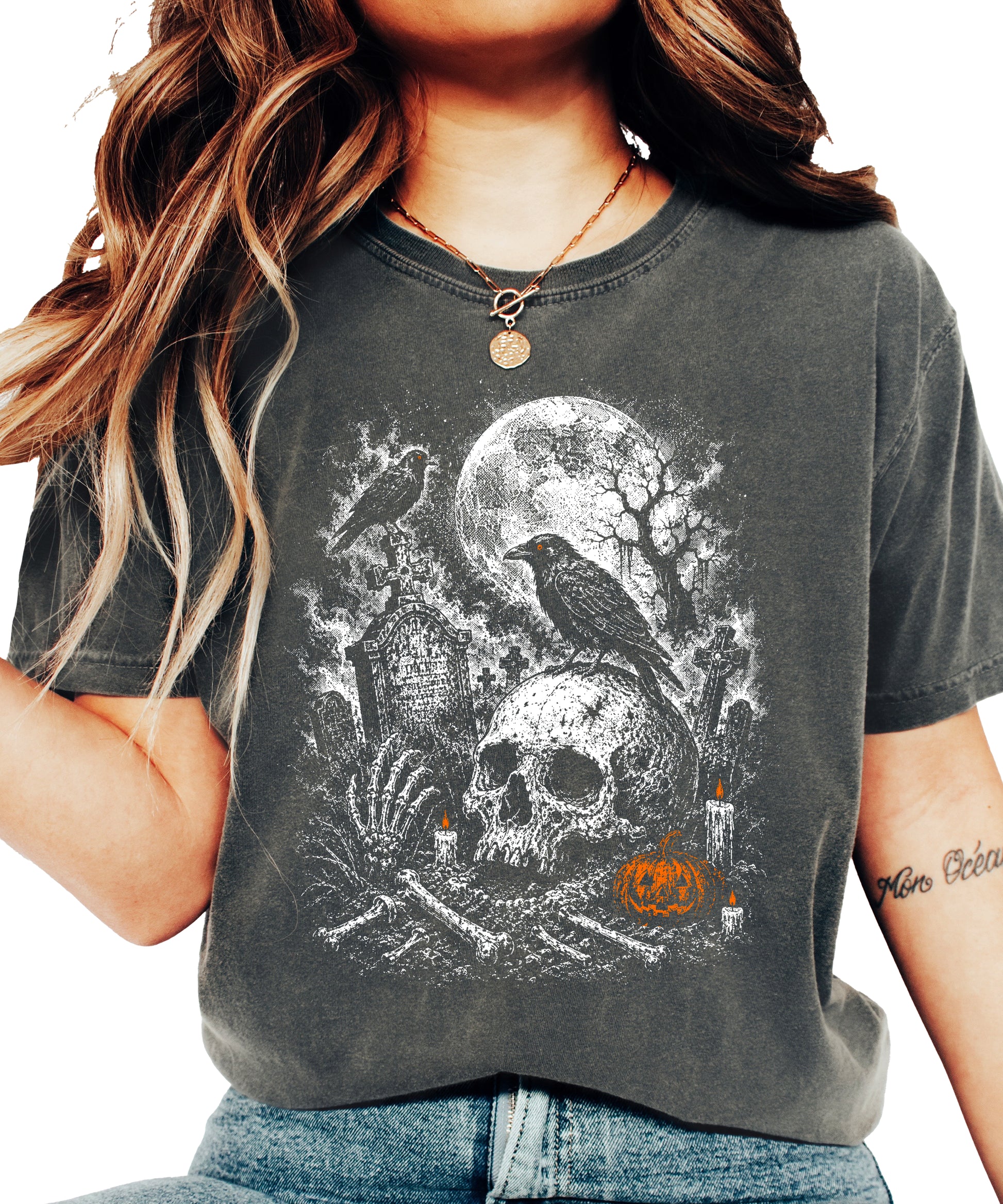 Skull cemetery Halloween shirt in Pepper, lifestyle shot for spooky season