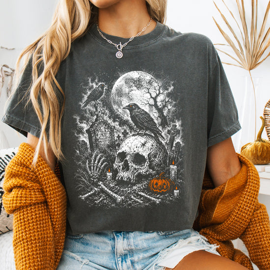 Halloween skull cemetery tee in Pepper for women and teen girls, back or alternate view