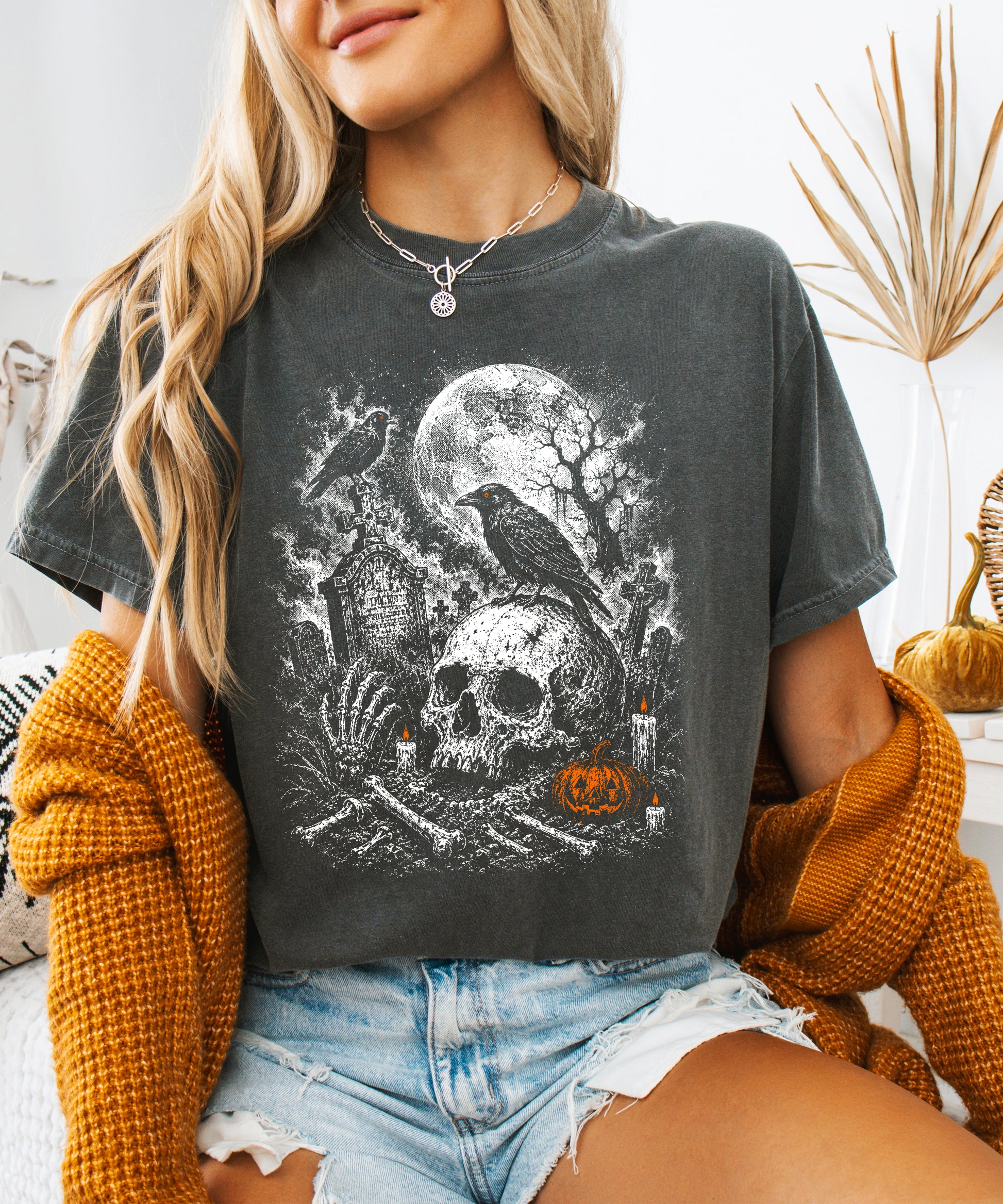 Halloween skull cemetery tee in Pepper for women and teen girls, back or alternate view