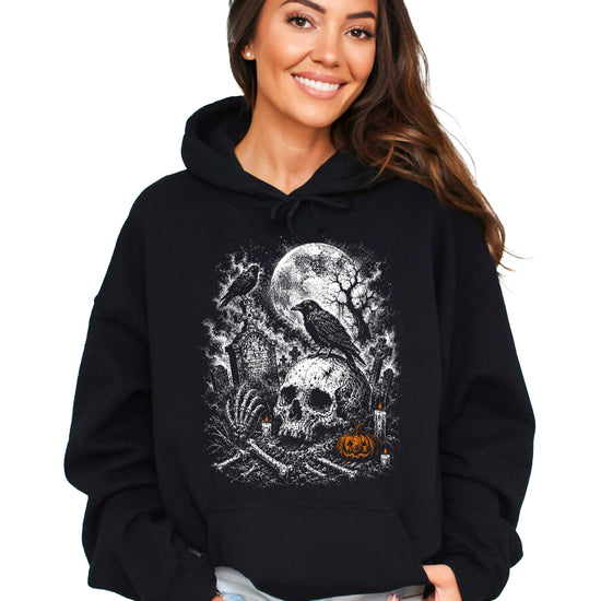 Black Hoodie - Halloween skeleton graveyard hoodie front view