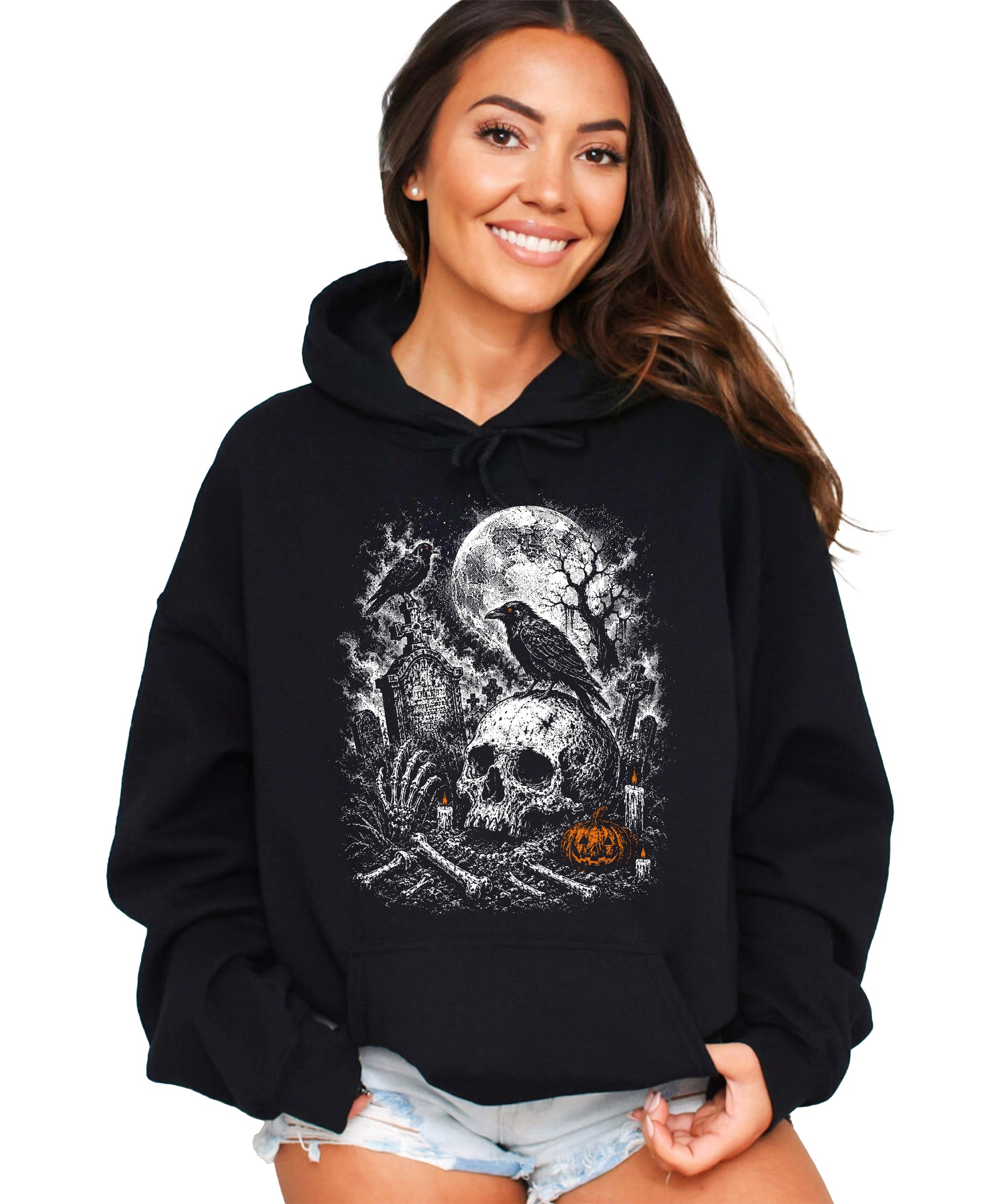 Black Hoodie - Halloween skeleton graveyard hoodie front view