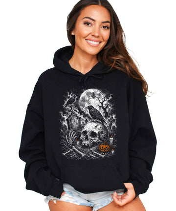 Black Hoodie - Halloween skeleton graveyard hoodie front view