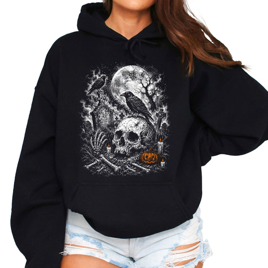 Black Hoodie - Halloween skeleton graveyard hoodie detail