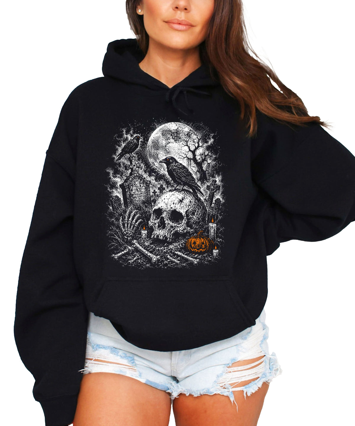 Black Hoodie - Halloween skeleton graveyard hoodie detail
