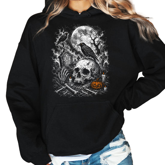 Black Hoodie - Halloween skeleton graveyard hoodie graphic close up