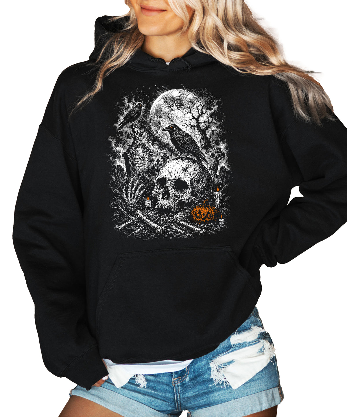 Black Hoodie - Halloween skeleton graveyard hoodie graphic close up
