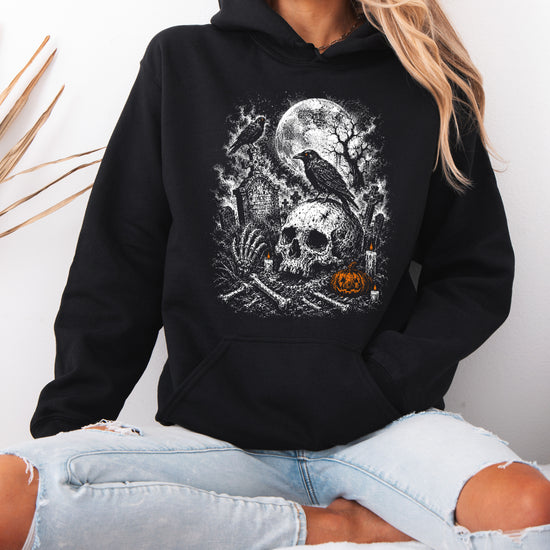 Black Hoodie - Halloween skeleton graveyard hoodie styled
