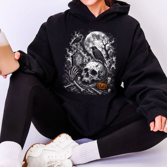 Black Hoodie - Halloween skeleton graveyard hoodie detail shot