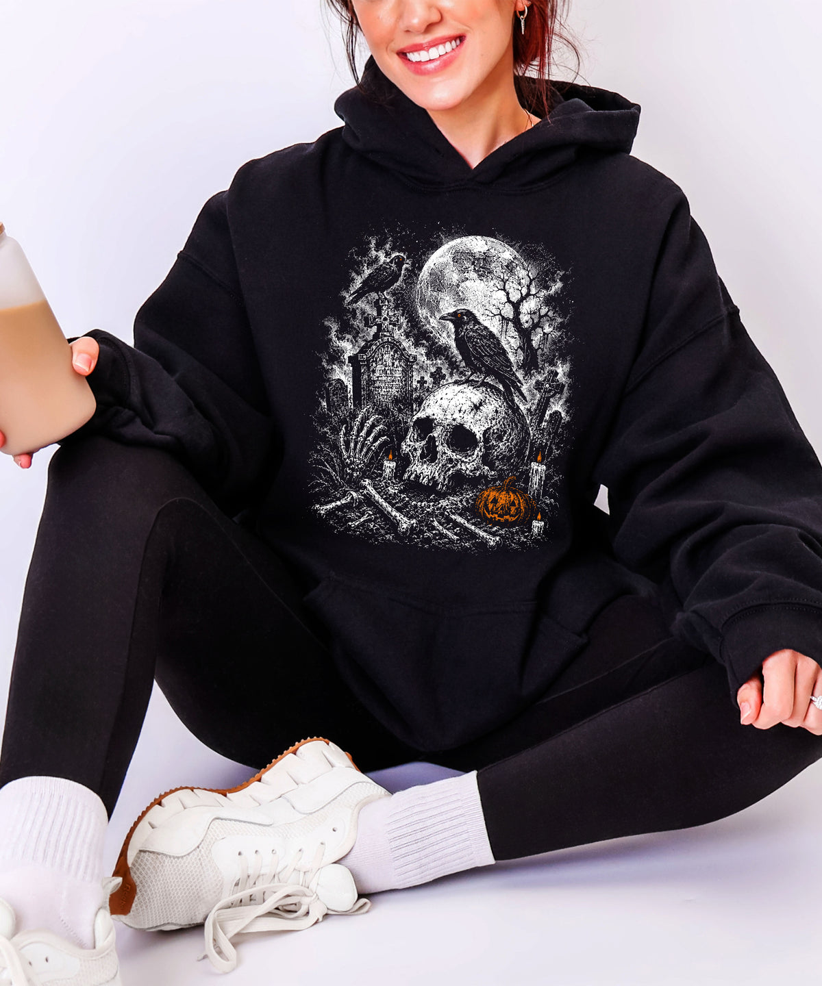 Black Hoodie - Halloween skeleton graveyard hoodie detail shot
