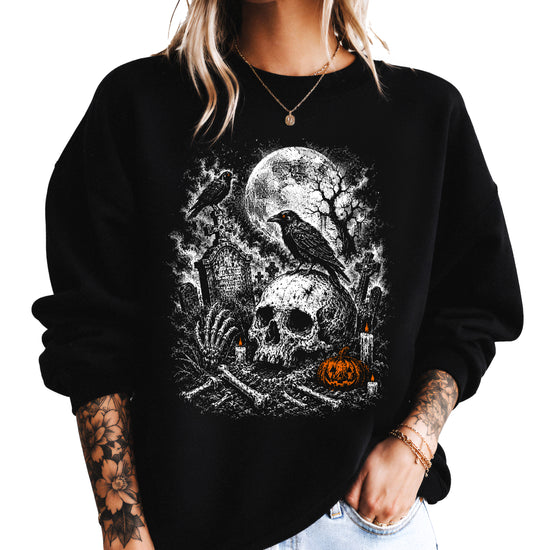 Skull Cemetery Halloween graveyard crewneck sweatshirt in Black, front view