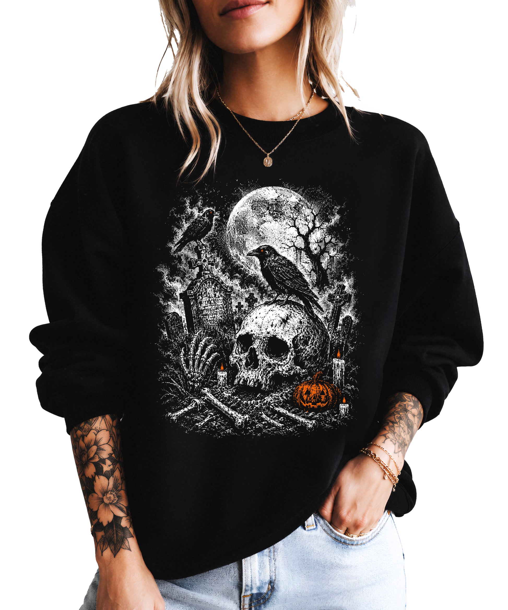 Skull Cemetery Halloween graveyard crewneck sweatshirt in Black, front view