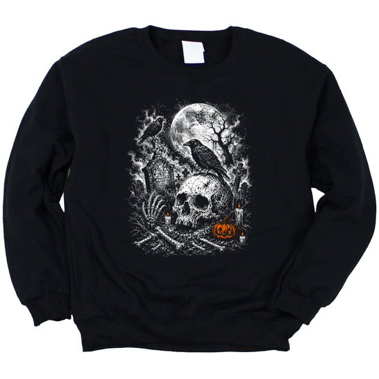Skull Cemetery Halloween graveyard crewneck sweatshirt in Black, view 2
