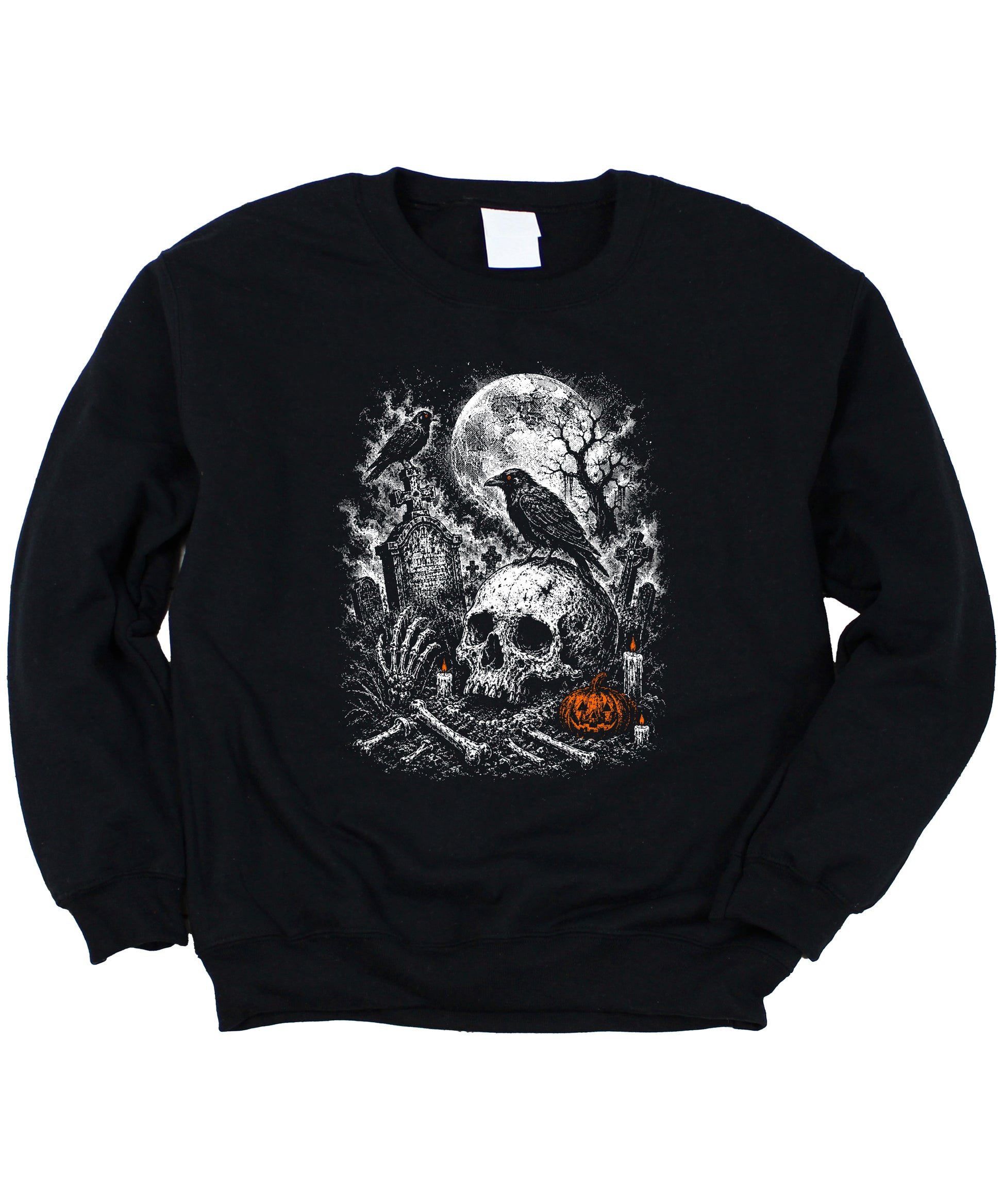 Skull Cemetery Halloween graveyard crewneck sweatshirt in Black, view 2