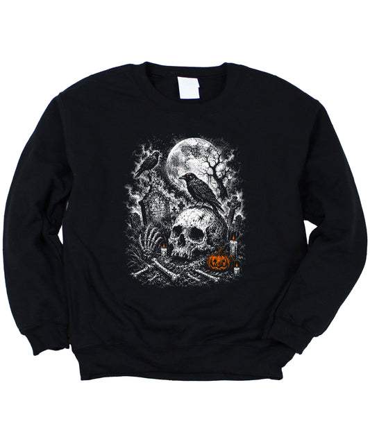 Skull Cemetery Halloween graveyard crewneck sweatshirt in Black, view 2