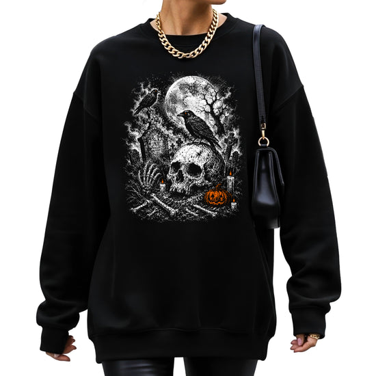 Skull Cemetery Halloween graveyard crewneck sweatshirt in Black, view 3