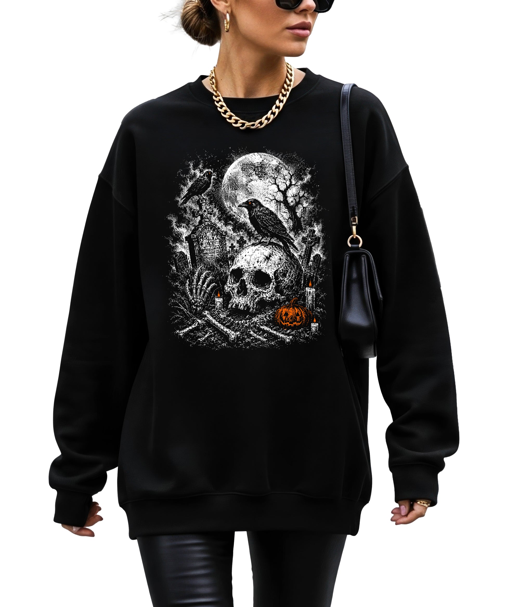 Skull Cemetery Halloween graveyard crewneck sweatshirt in Black, view 3